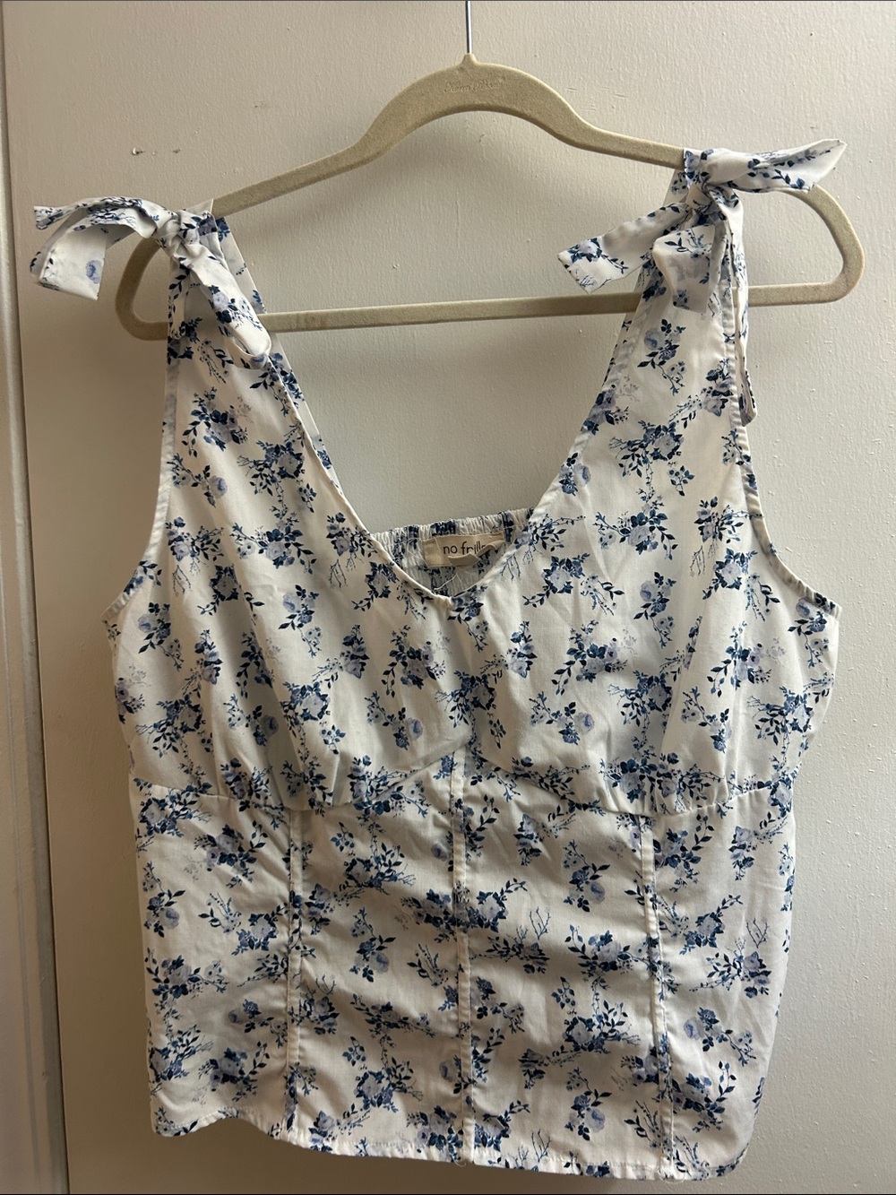 White & Navy Floral Tie-Shoulder Tank Top